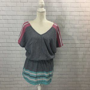 Roxy Women's Top Tunic Cotton Elastic Waist Stripes V-neck V-back Size Medium